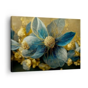 Quadro em tela - Flores elegantes em tons de azul e dourado - 70x50cm - Florescer com ouro - Decoração de parede moderna para a sala de estar e quarto ARTTOR