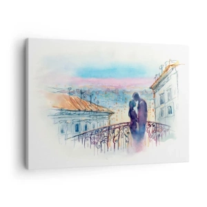 Quadro em tela - Casal romântico em uma varanda com vista para a cidade - 70x50cm - Amantes parisienses - Decoração de parede moderna para a sala de estar e quarto ARTTOR