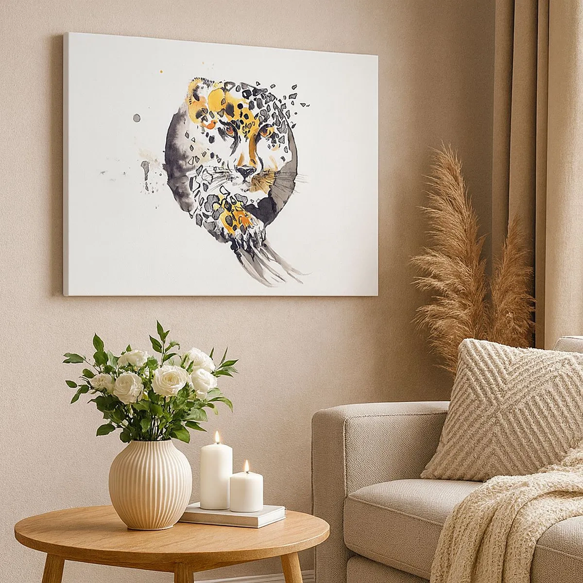 Quadro em tela - Pintura artística em aquarela com motivo de chita - 70x50cm - Beleza predatória - Decoração de parede moderna para a sala de estar e quarto ARTTOR