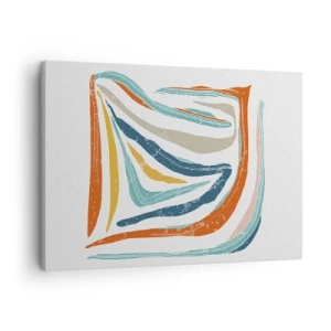 Quadro em tela - Linhas coloridas e dinâmicas em tons de azul, laranja e bege - 70x50cm - Abstração com um sorriso amigável - Decoração de parede moderna para a sala de estar e quarto ARTTOR