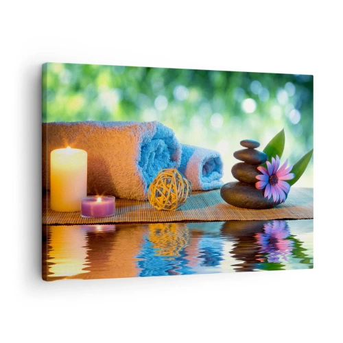 Quadro em tela - Conjunto de SPA relaxante com toalhas, velas e pedras - 70x50cm - Tempo para o corpo - Decoração de parede moderna para a sala de estar e quarto ARTTOR