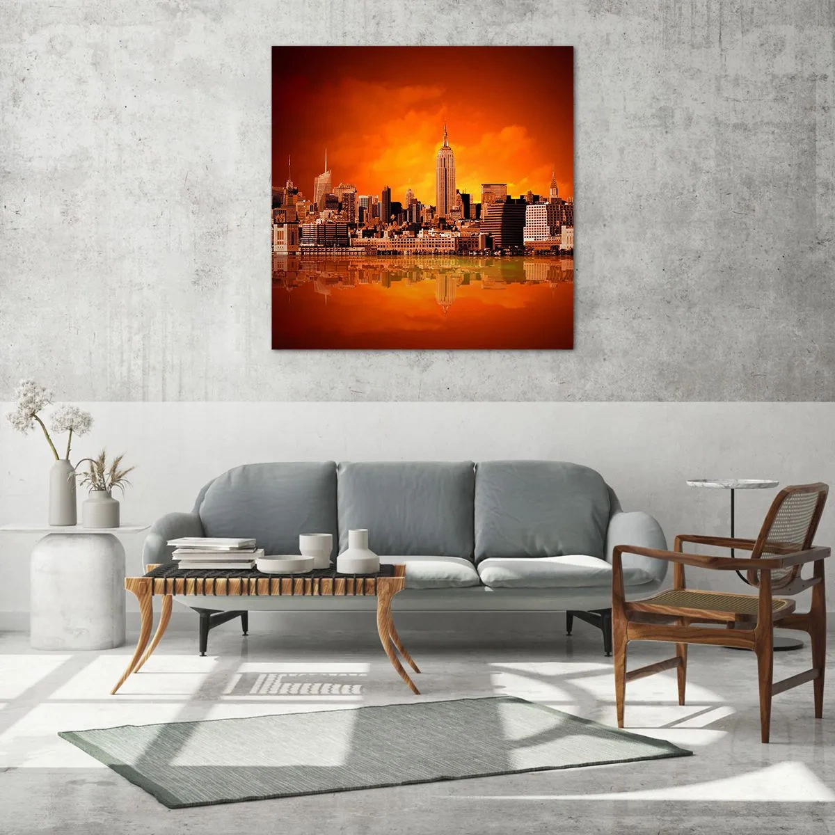 Quadro em vidro - Panorama metropolitano em amarelo e bronze - 30x30 cm