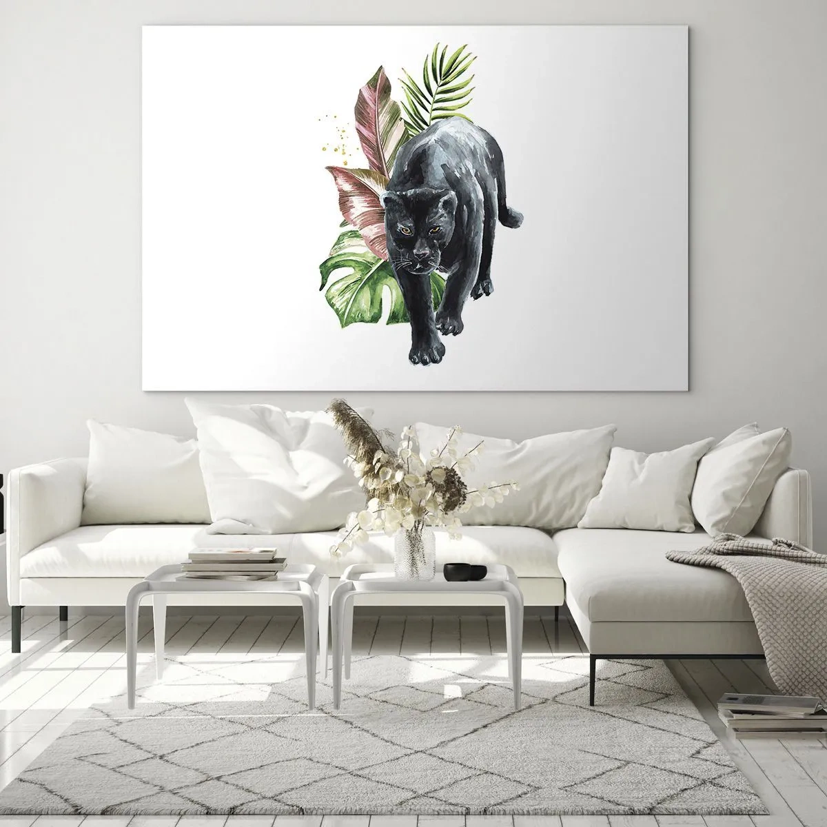 Quadro em vidro - Pantera negra sobre um fundo de folhas tropicais em estilo aquarela - 70x50cm - Coração selvagem - Decoração de parede moderna para a sala de estar e quarto ARTTOR
