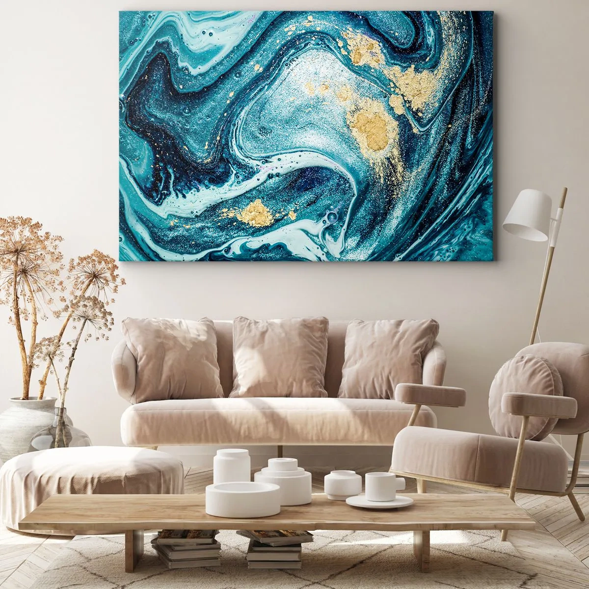 Quadro em tela - Uma composição abstrata de ondas e detalhes dourados - 70x50cm - Redemoinho azul - Decoração de parede moderna para a sala de estar e quarto ARTTOR