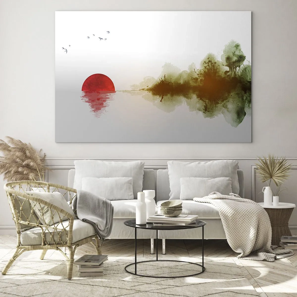 Quadro em vidro - Sol vermelho sobre a água e o contorno da floresta - 70x50cm - Uma promessa de paz - Decoração de parede moderna para a sala de estar e quarto ARTTOR