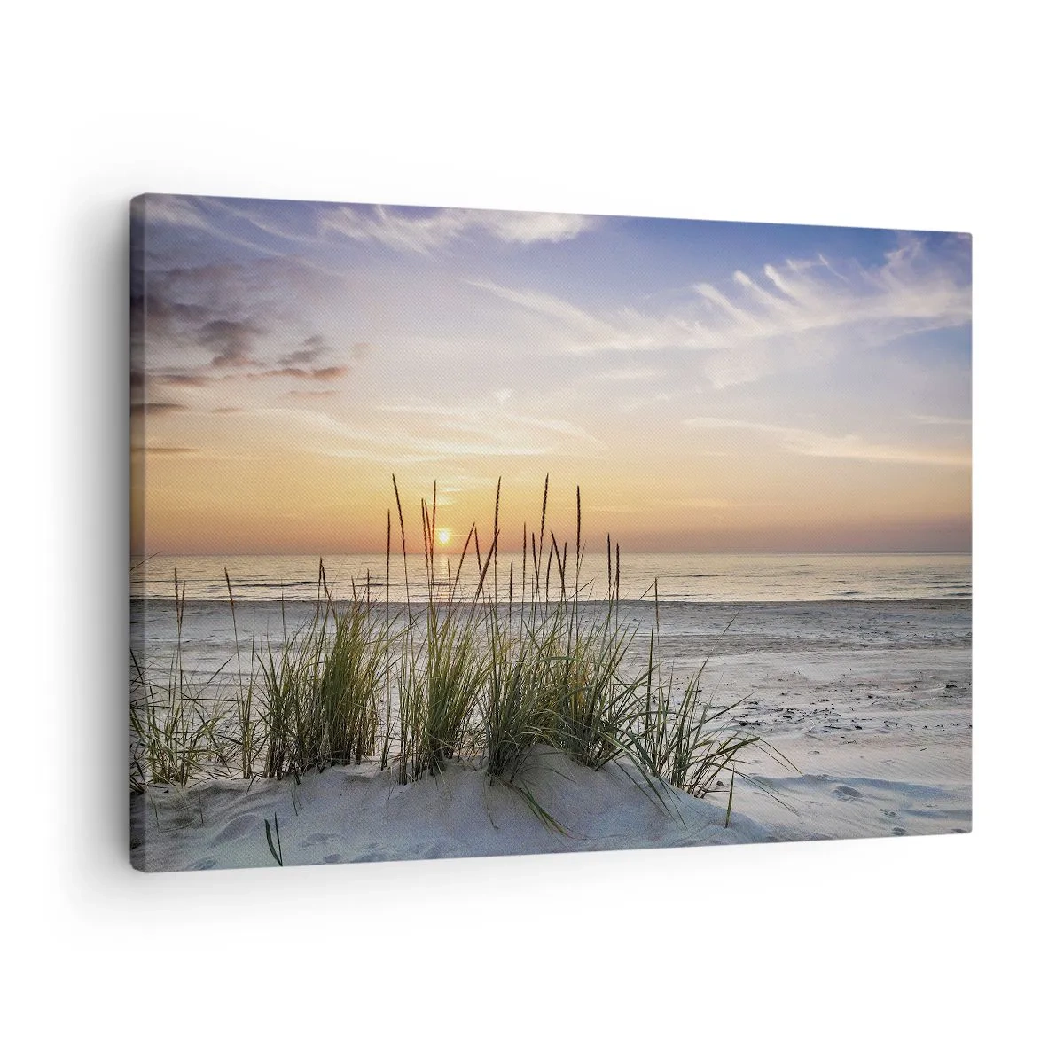 Quadro em tela - Uma praia de areia ao pôr do sol com grama ao fundo - 70x50cm - Olhe, pense, sinta - Decoração de parede moderna para a sala de estar e quarto ARTTOR