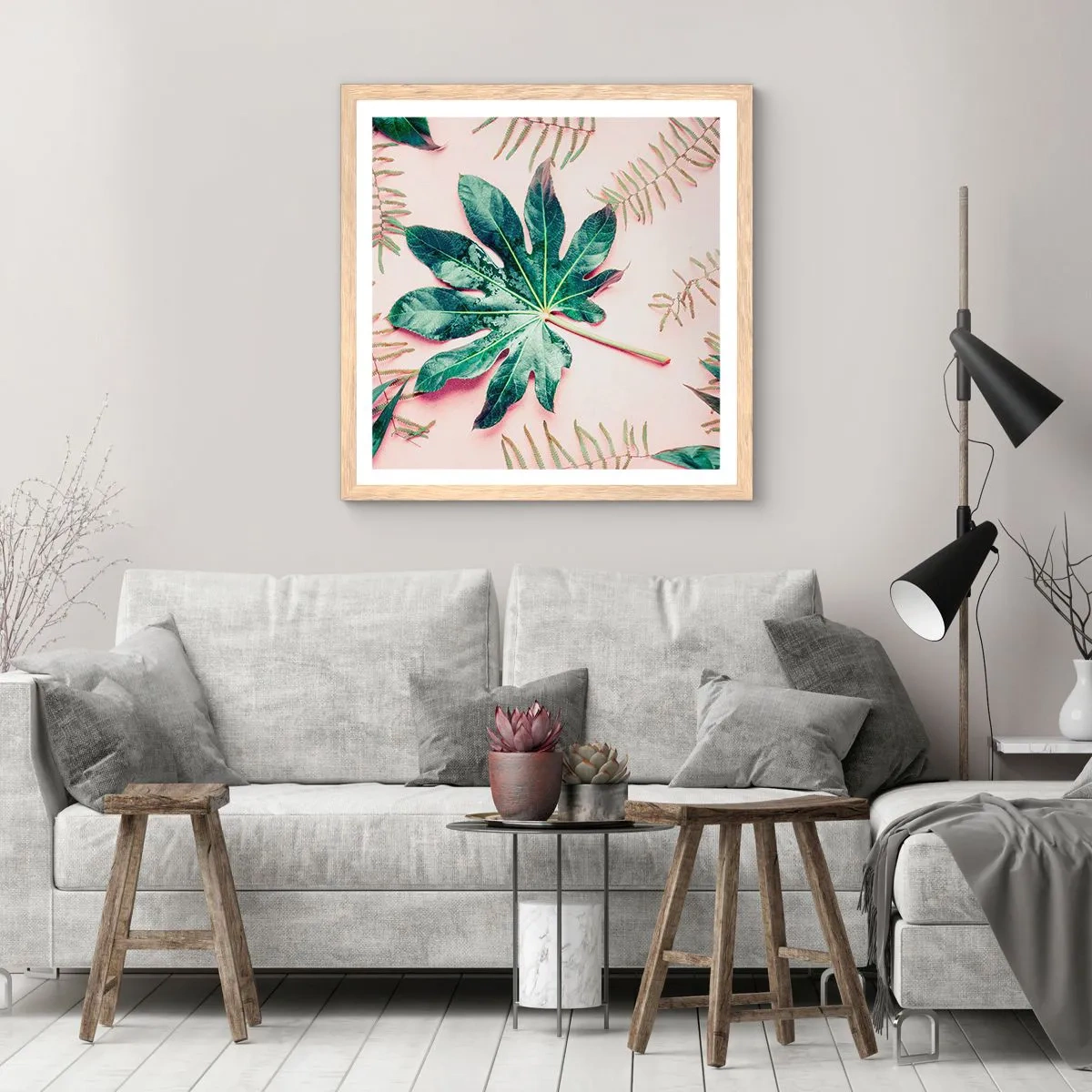 Pôster com moldura de carvalho claro - Estudo do verde em um fundo rosa - 40x40 cm