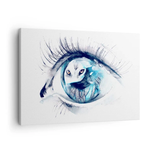 Quadro em tela - Um olho com a imagem de uma coruja em tons de azul aquarela - 70x50cm - Cara a cara com o selvagem - Decoração de parede moderna para a sala de estar e quarto ARTTOR