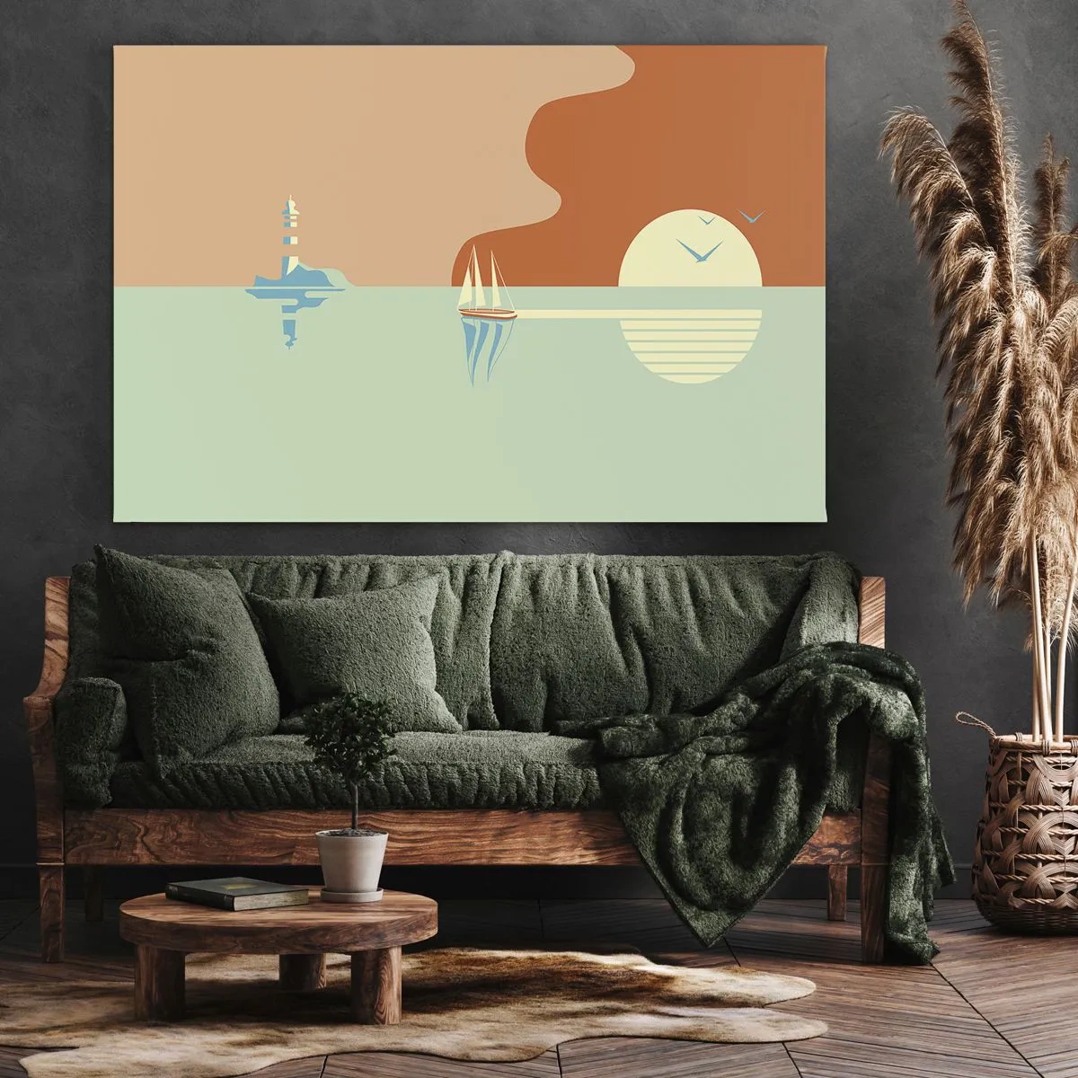 Quadro em tela - Uma paisagem marinha minimalista com um veleiro e um pôr do sol - 70x50cm - Uma paisagem marítima perfeita - Decoração de parede moderna para a sala de estar e quarto ARTTOR