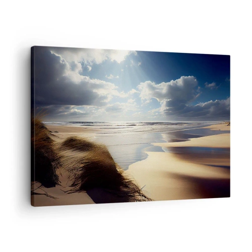 Quadro em tela - Uma praia selvagem com dunas e céu azul - 70x50cm - Praia, praia selvagem - Decoração de parede moderna para a sala de estar e quarto ARTTOR