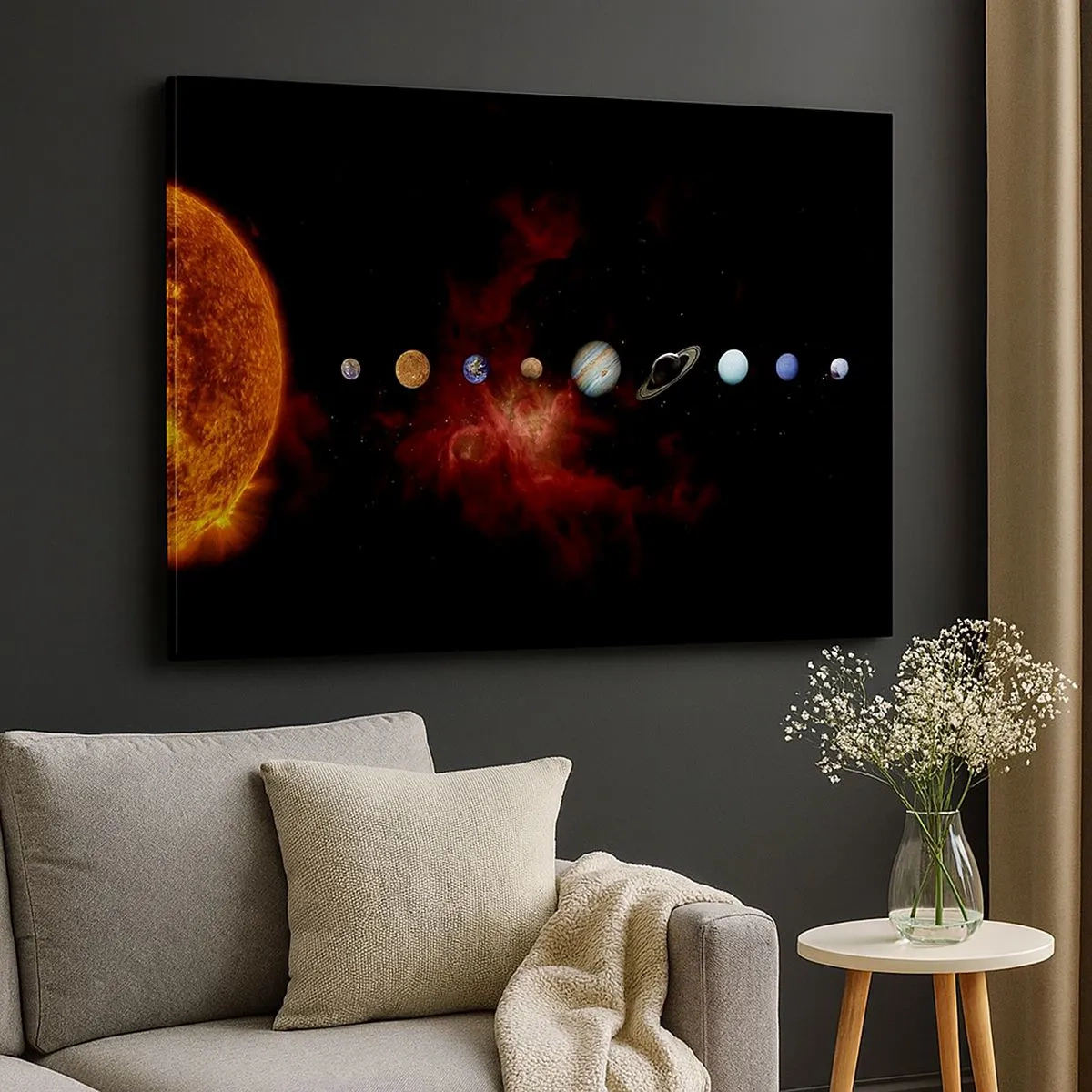 Quadro em tela - O sistema solar com planetas contra o fundo do espaço - 70x50cm - Nosso bairro - Decoração de parede moderna para a sala de estar e quarto ARTTOR