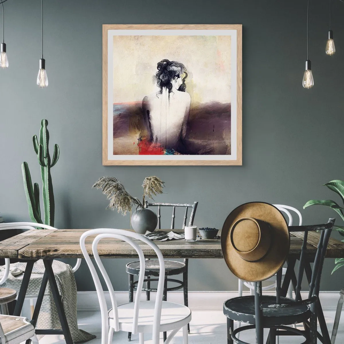 Pôster com moldura de carvalho claro - Linhas suaves, formas ovais - 50x50 cm