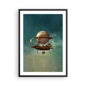 Pôster com moldura preta - Um dirigível fantástico flutuando entre as estrelas - 50x70cm - Saudações de Júlio Verne - Decoração de parede moderna para a sala de estar e quarto ARTTOR