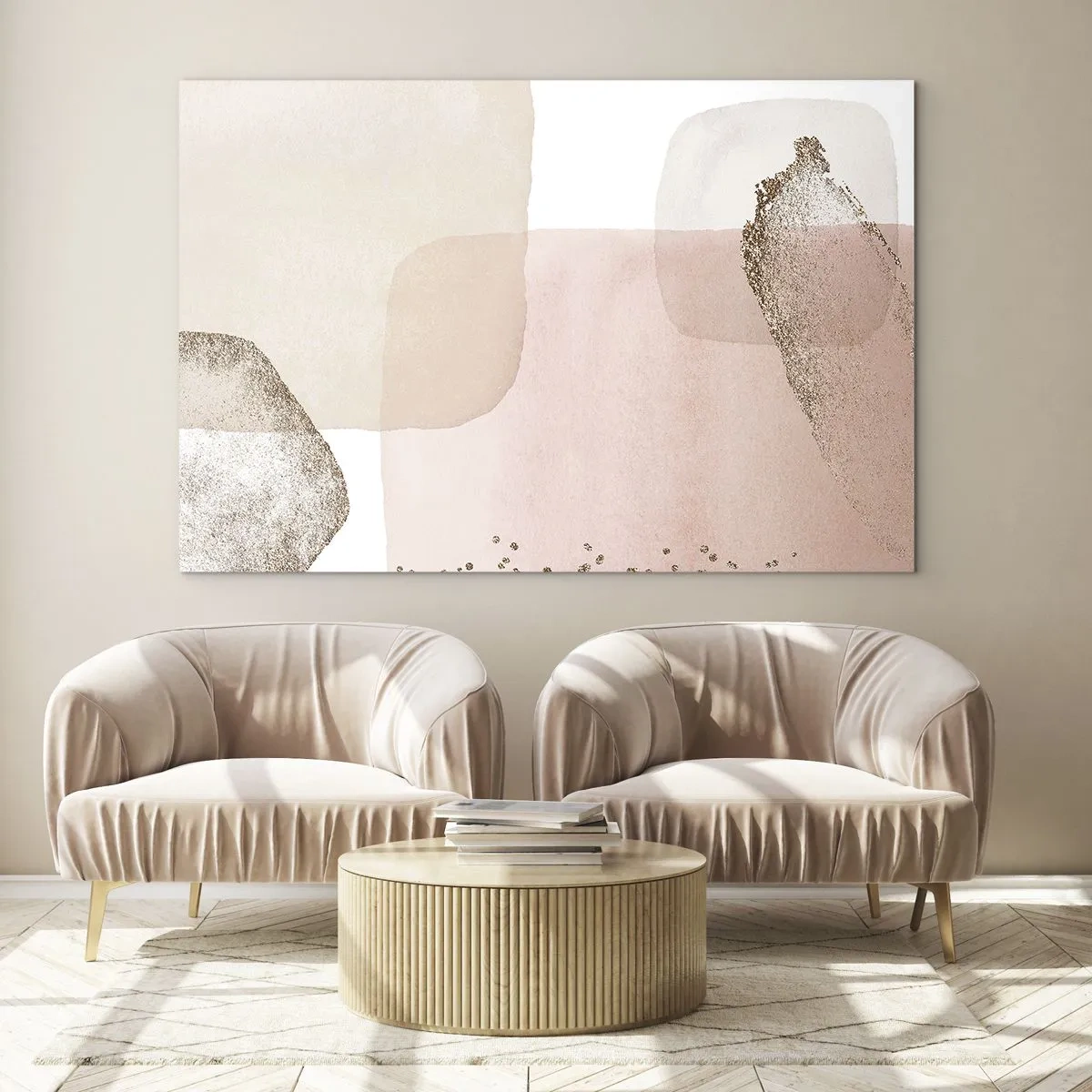 Quadro em vidro - Uma composição abstrata em tons de rosa, bege e dourado. - 70x50cm - Olhar através da cor - Decoração de parede moderna para a sala de estar e quarto ARTTOR