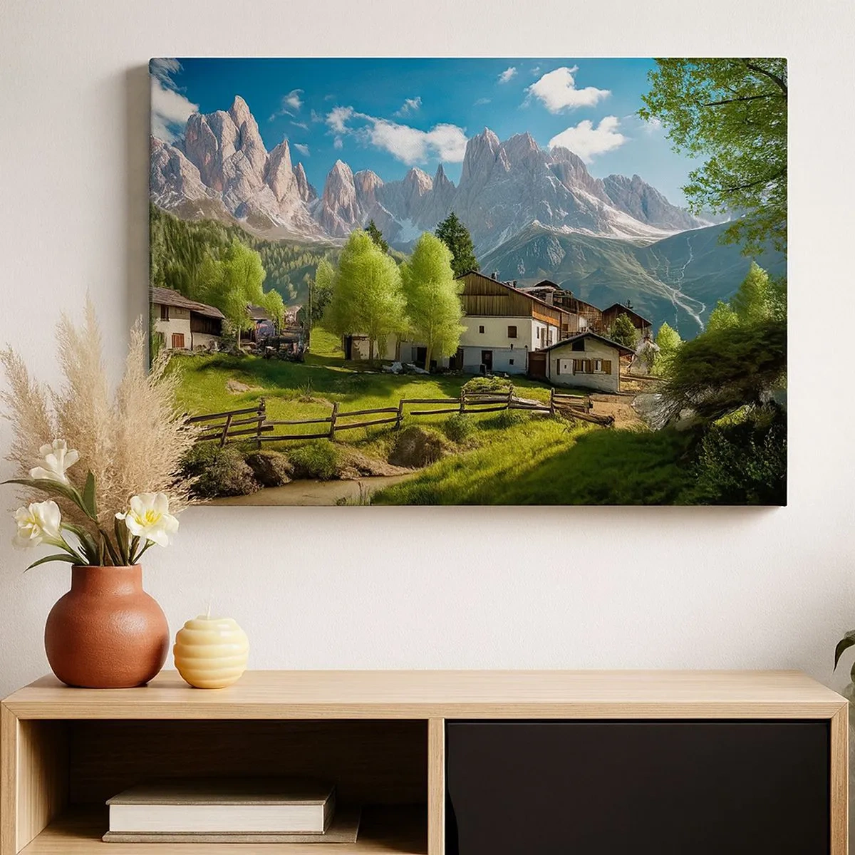 Quadro em tela - Uma vila na montanha com casas e vista para os Alpes - 70x50cm - Idílio alpino - Decoração de parede moderna para a sala de estar e quarto ARTTOR