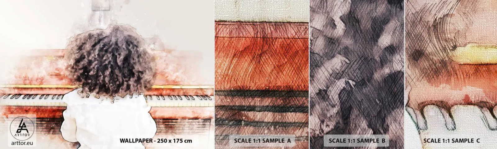 Amostra de papel de parede Premium Canvas - Num mundo novo - Piano, Música, Músico - 100x30 cm