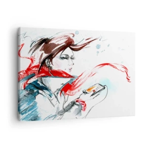 Quadro em tela - Uma mulher com um lenço vermelho com traços dinâmicos de aquarela - 70x50cm - Algo está a tocar dentro de mim - Decoração de parede moderna para a sala de estar e quarto ARTTOR