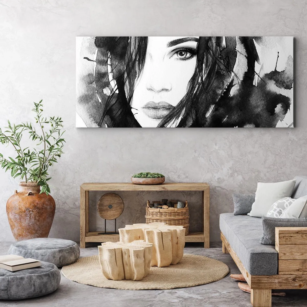 Quadro em tela - Retrato de uma dama a preto e branco - 100x40 cm