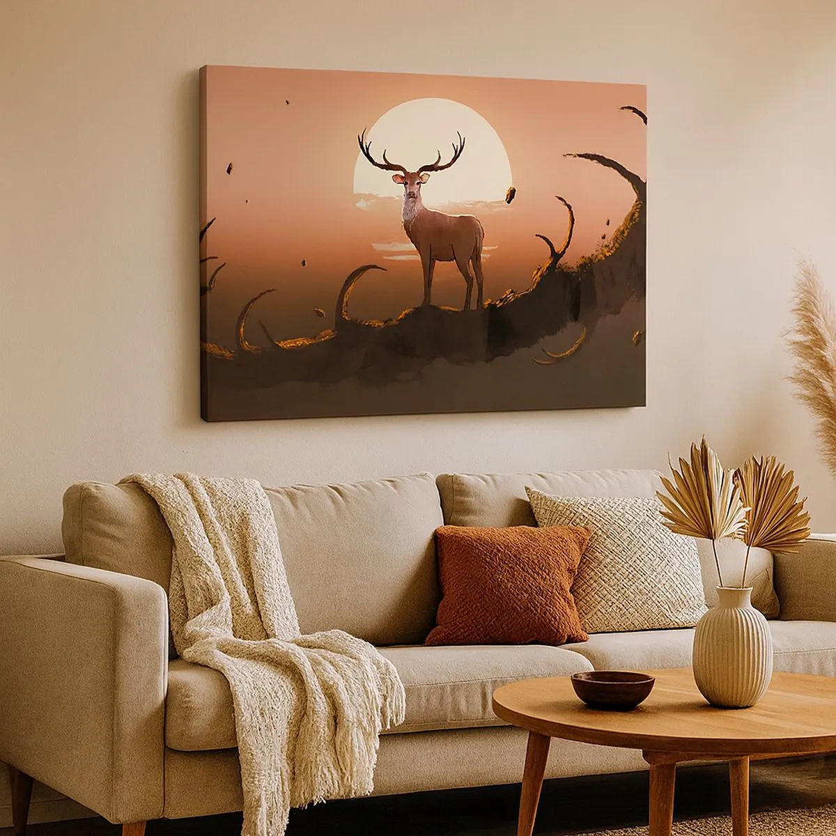 Quadro em tela - Um cervo tendo como pano de fundo o pôr do sol e uma paisagem surreal - 70x50cm - Esta noite é diferente de qualquer outra - Decoração de parede moderna para a sala de estar e quarto ARTTOR