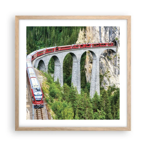 Pôster com moldura de carvalho claro - Linha férrea com vista para a montanha - 50x50 cm