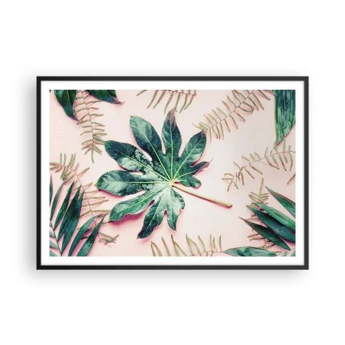Pôster com moldura preta - Estudo do verde em um fundo rosa - 100x70 cm