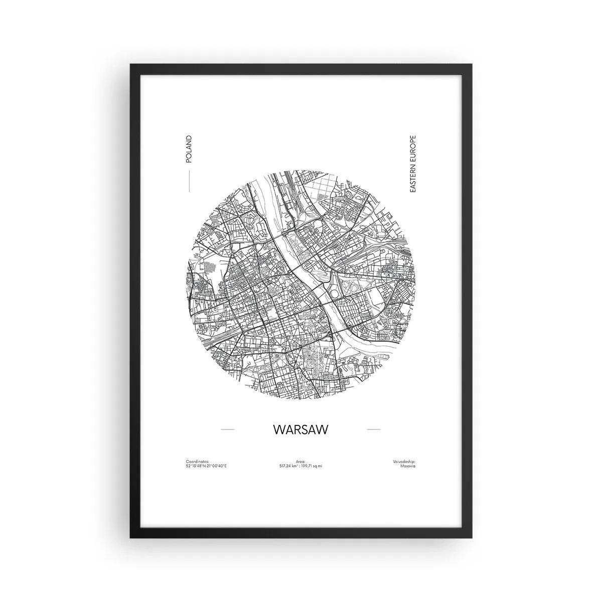 Pôster com moldura preta - Mapa minimalista de Varsóvia em um círculo - 50x70cm - Anatomia de Varsóvia - Decoração de parede moderna para a sala de estar e quarto ARTTOR