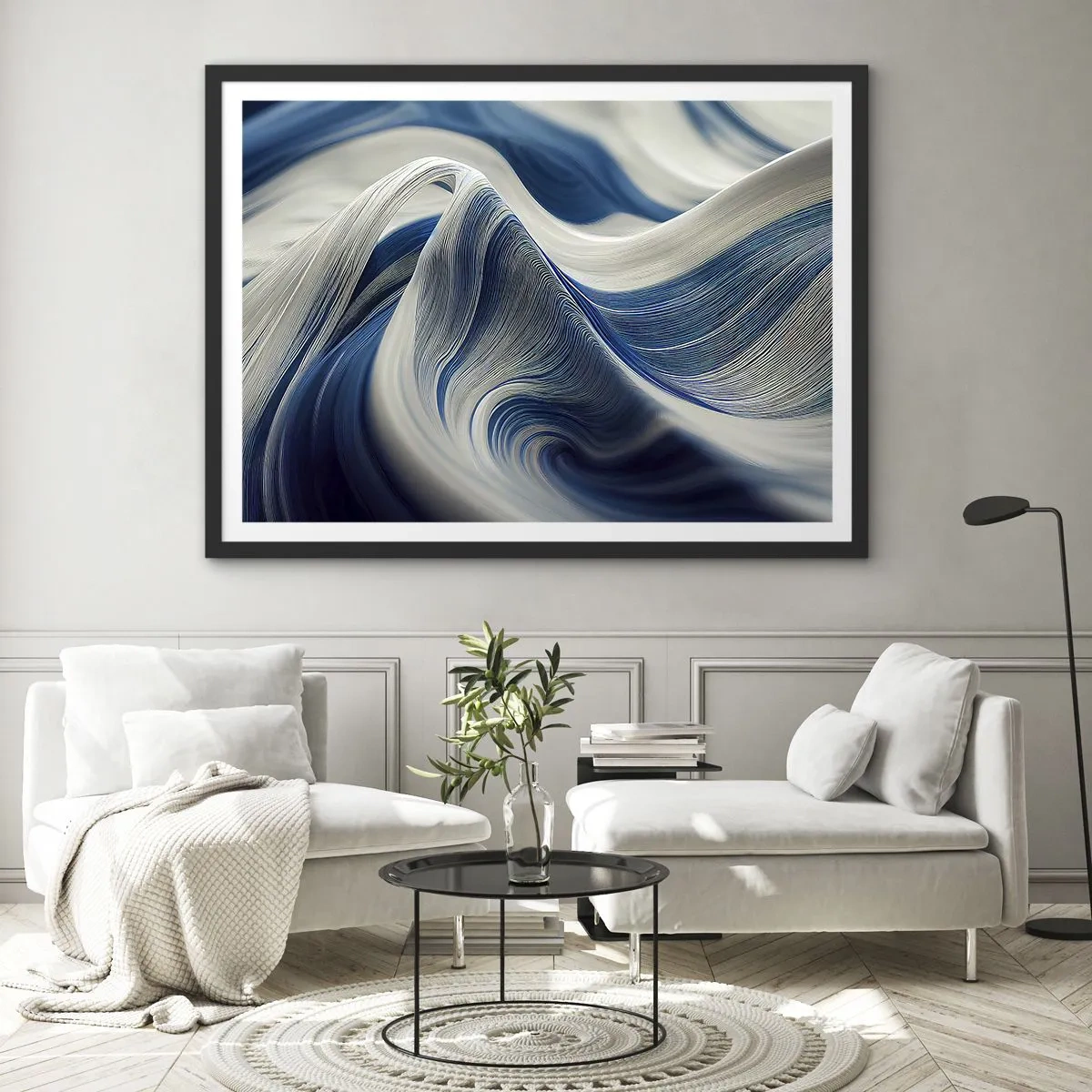 Pôster com moldura preta - A fluidez do azul e do branco - 100x70 cm