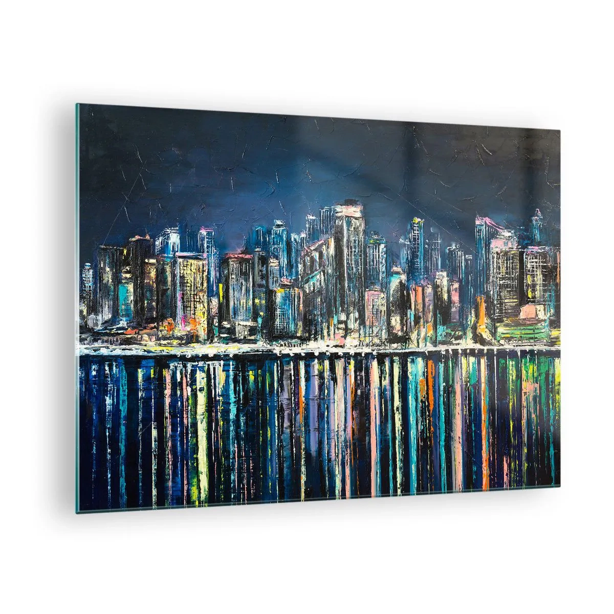Quadro em vidro - Panorama da cidade à noite com as luzes refletidas na água - 70x50cm - Cascata de luzes - Decoração de parede moderna para a sala de estar e quarto ARTTOR
