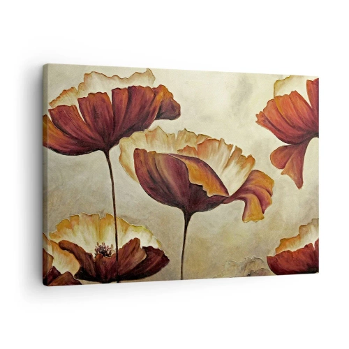 Quadro em tela - Flores sutis em tons de vermelho e dourado sobre fundo claro - 70x50cm - Prados e pradarias - Decoração de parede moderna para a sala de estar e quarto ARTTOR