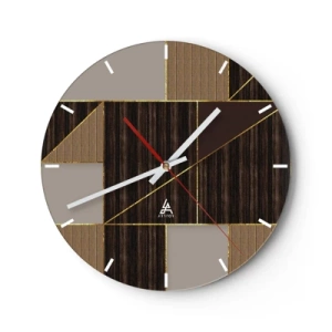 Relógio de parede - Relógio em vidro - Mosaico moderno com linhas marrons, bege e douradas - 30x30cm - Mosaico de bronzes e ouro - Decoração de parede moderna para a sala de estar, cozinha e quarto ARTTOR