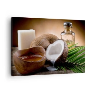 Quadro em tela - Cocos, vela e óleo sobre fundo de madeira - 70x50cm - Saúde das ilhas tropicais - Decoração de parede moderna para a sala de estar e quarto ARTTOR