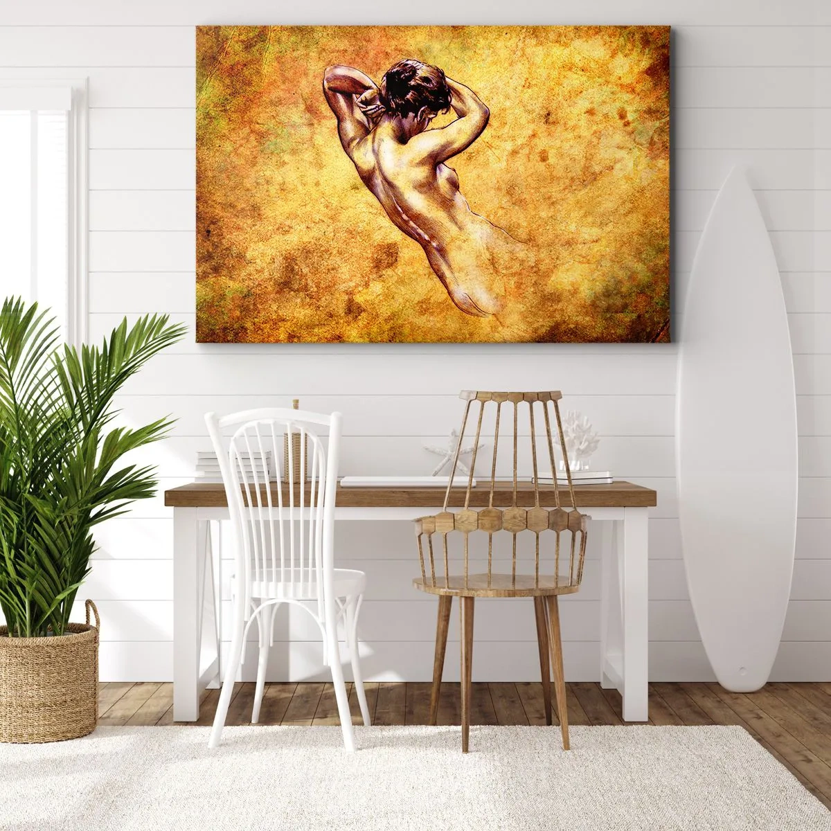 Quadro em tela - Nu artístico feminino sobre fundo dourado em estilo clássico - 70x50cm - Descoberta, mas ainda um mistério - Decoração de parede moderna para a sala de estar e quarto ARTTOR