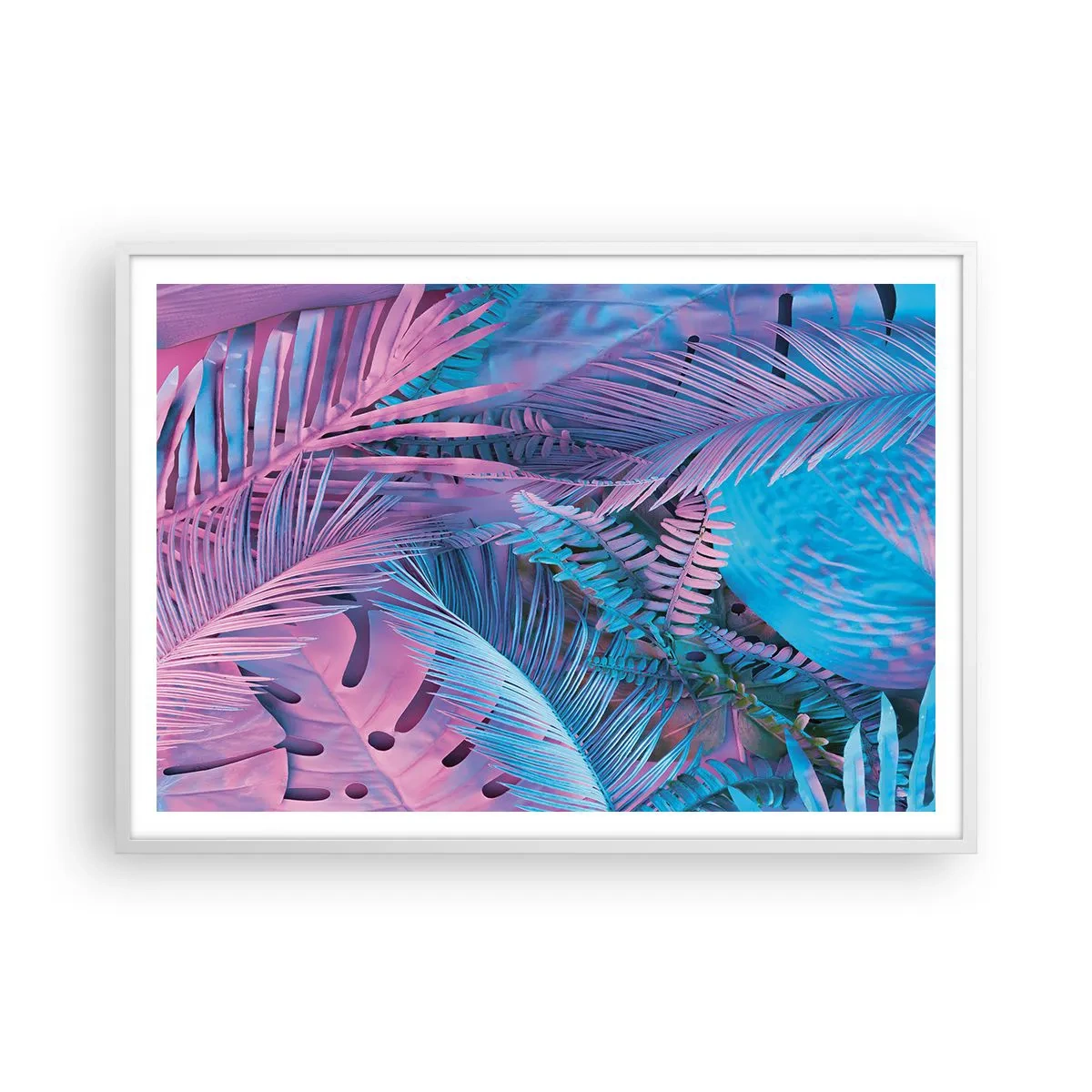 Pôster em moldura branca - Trópicos em rosa e azul - 100x70 cm