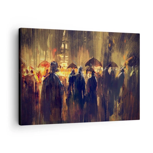 Quadro em tela - Figuras com guarda-chuvas em uma cidade chuvosa à noite - 70x50cm - Os seguidores da chuva - Decoração de parede moderna para a sala de estar e quarto ARTTOR