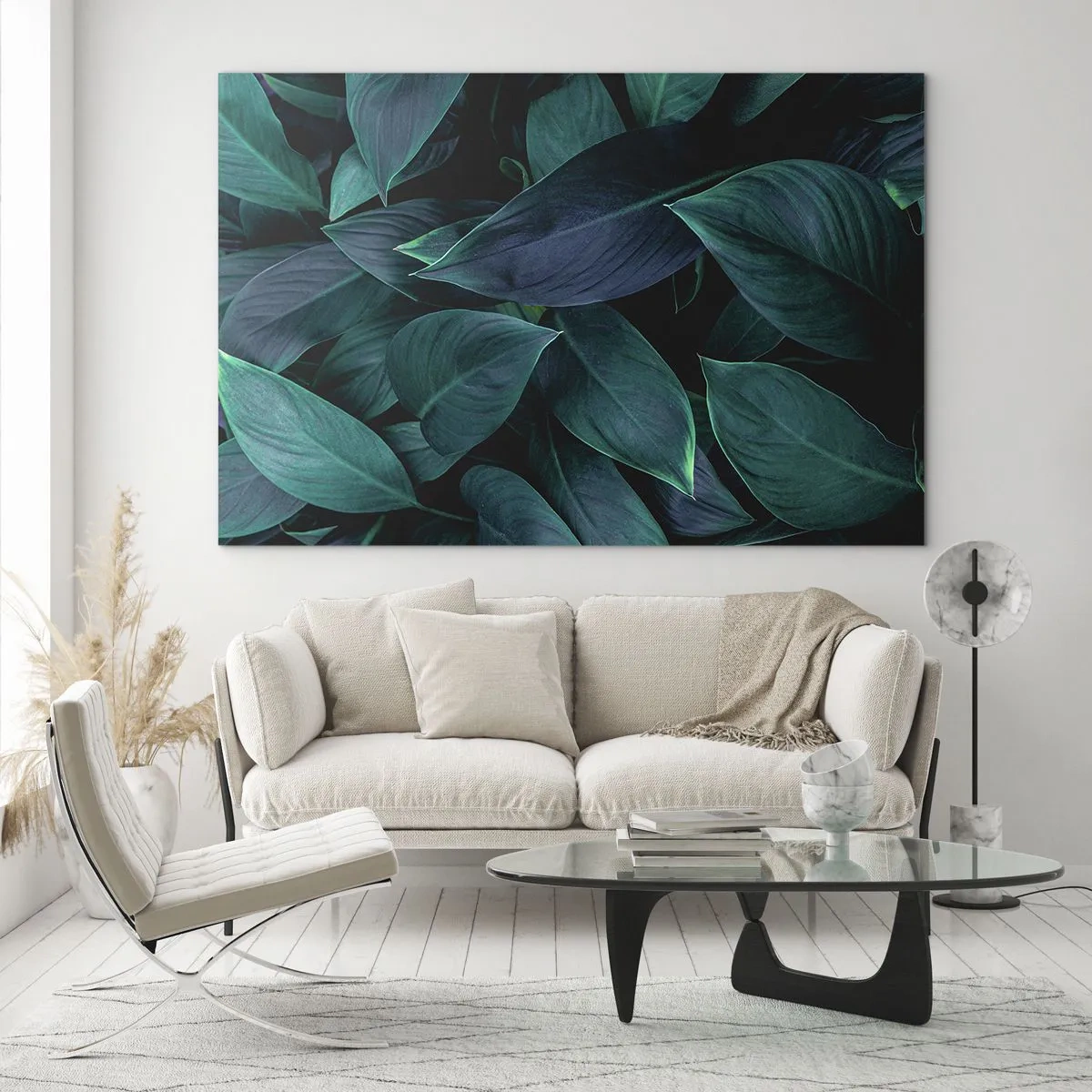 Quadro em vidro - Folhas verdes densas em um fundo escuro - 70x50cm - Verde em si - Decoração de parede moderna para a sala de estar e quarto ARTTOR