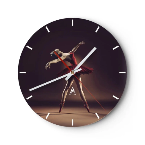 Relógio de parede - Relógio em vidro - Uma bailarina de vestido vermelho em pose dinâmica - 30x30cm - Prima ballerina - Decoração de parede moderna para a sala de estar, cozinha e quarto ARTTOR