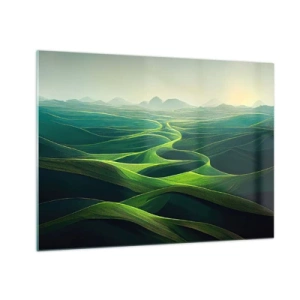 Quadro em vidro - Colinas e vales verdes iluminados pelos raios do sol - 70x50cm - Nos vales verdes - Decoração de parede moderna para a sala de estar e quarto ARTTOR