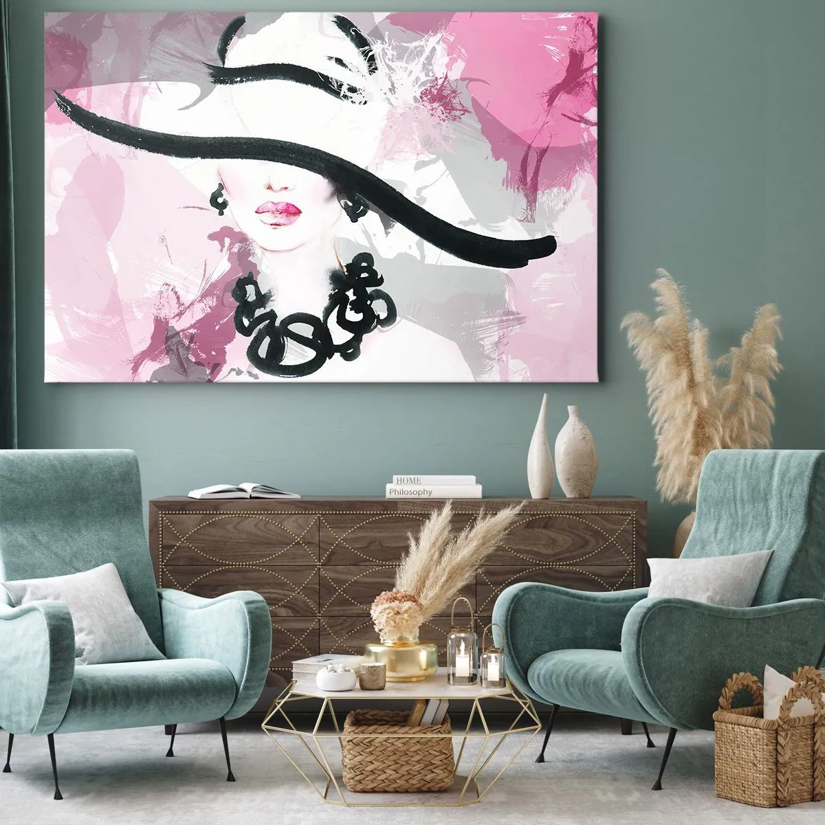 Quadro em tela - Uma mulher elegante de chapéu contra um fundo de abstrações rosa. - 70x50cm - Retrato de uma dama a preto e rosa - Decoração de parede moderna para a sala de estar e quarto ARTTOR