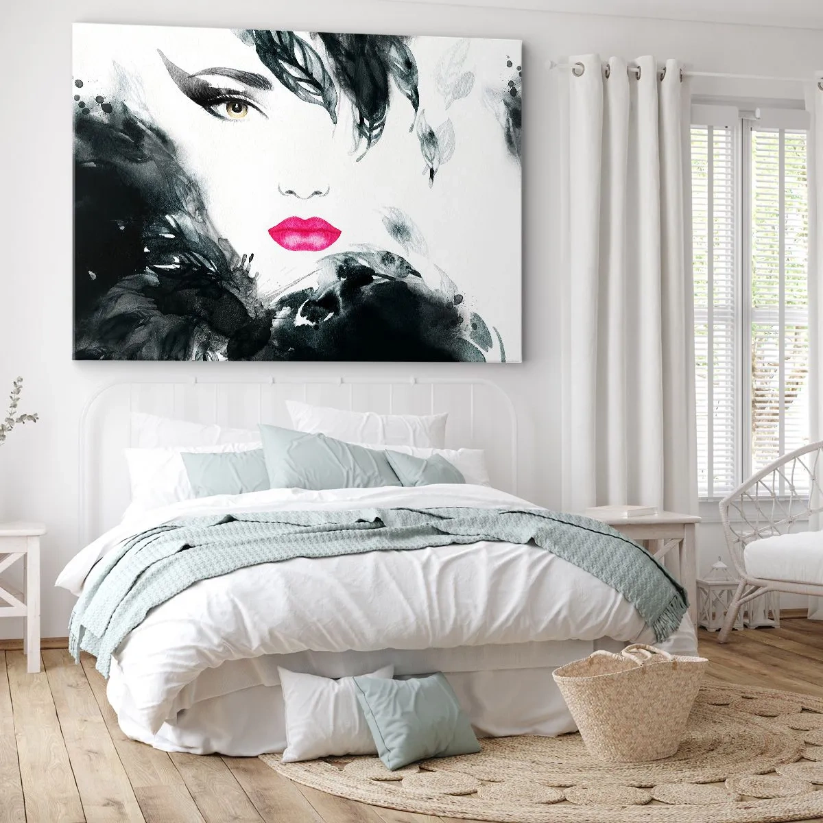 Quadro em tela - Retrato artístico de uma mulher com lábios intensamente rosados - 70x50cm - Atenção! Femme fatale - Decoração de parede moderna para a sala de estar e quarto ARTTOR