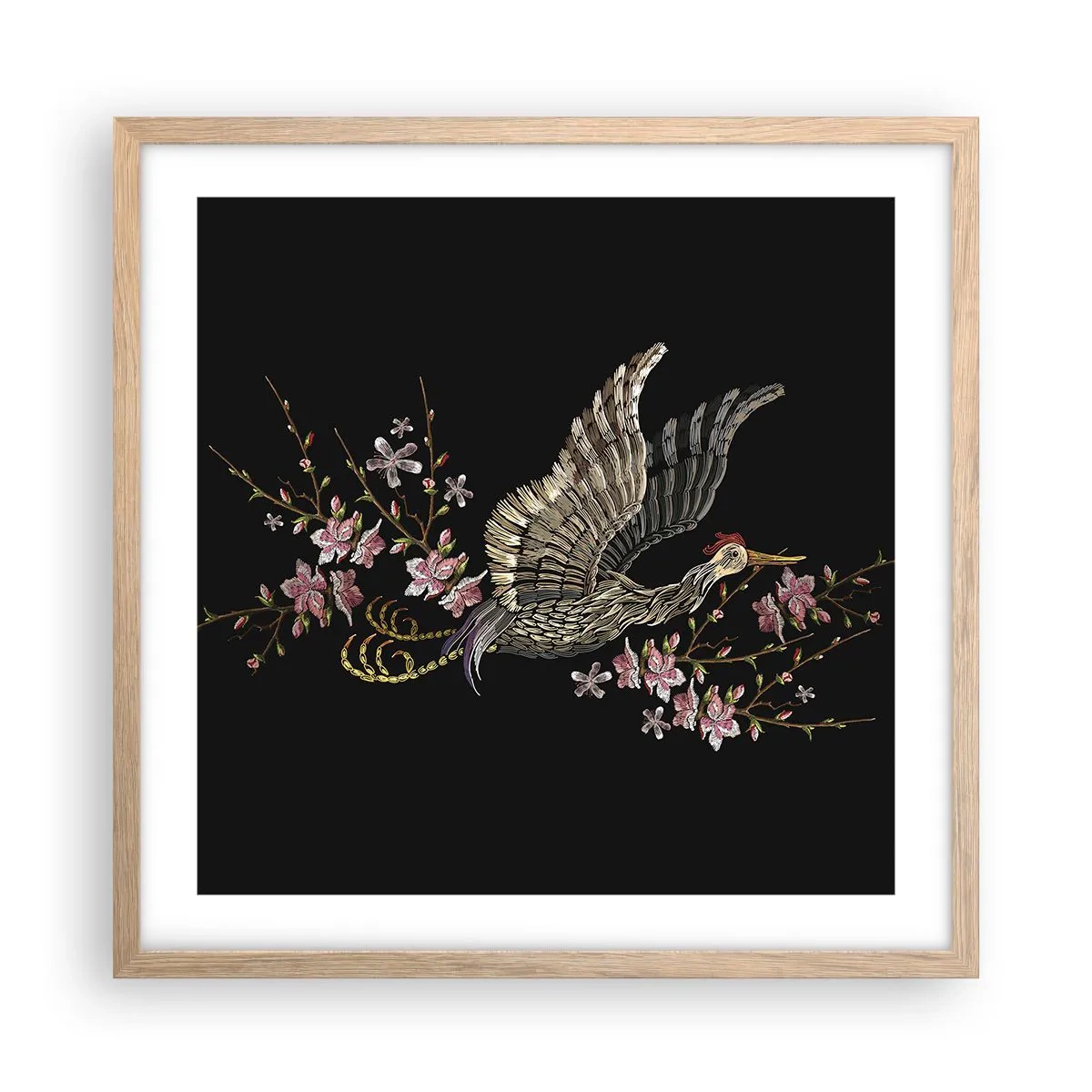 Pôster com moldura de carvalho claro - Pássaro exótico e bordado - 50x50 cm