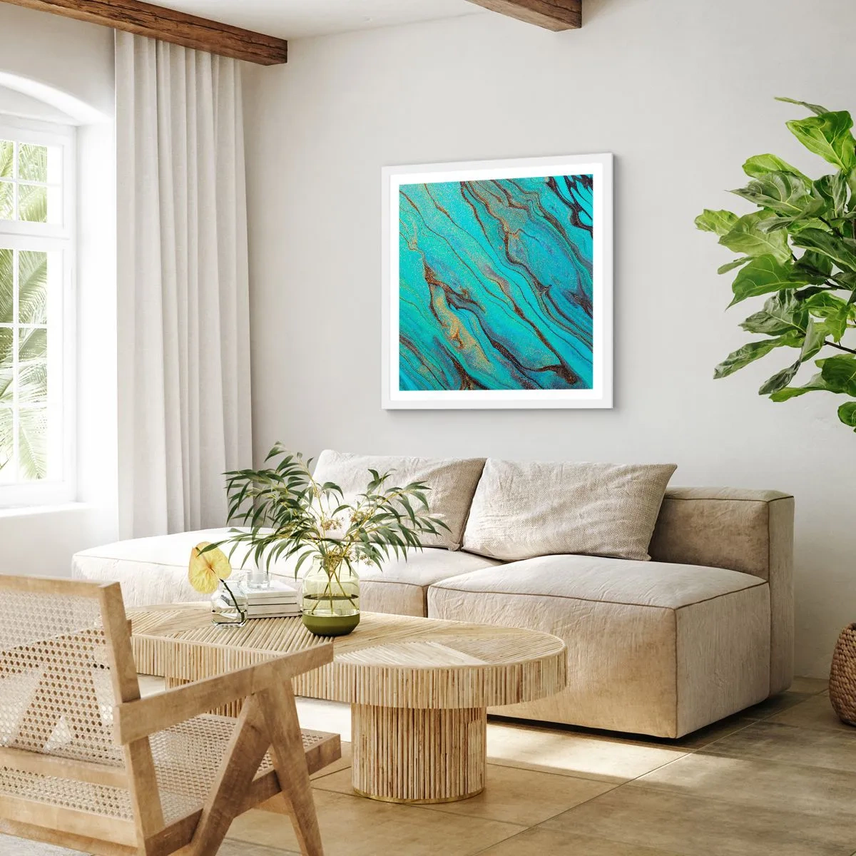Pôster em moldura branca - Maré Turquesa - 40x40 cm