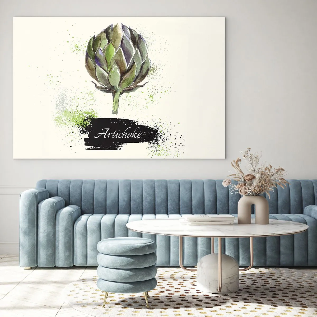 Quadro em vidro - Gráfico de alcachofra em aquarela com a palavra Alcachofra escrita nele - 70x50cm - Viva os vegetais! - Decoração de parede moderna para a sala de estar e quarto ARTTOR