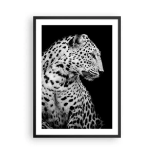 Pôster com moldura preta - Retrato em preto e branco de um leopardo em um fundo preto - 50x70cm - Perfil direito perfeito! - Decoração de parede moderna para a sala de estar e quarto ARTTOR