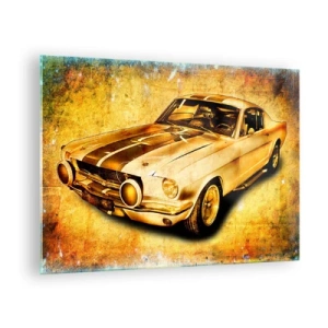 Quadro em vidro - Carro esportivo clássico com fundo vintage - 70x50cm - Loucos anos 70 - Decoração de parede moderna para a sala de estar e quarto ARTTOR