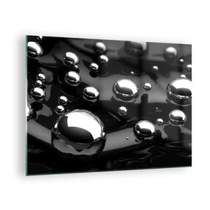 Quadro em vidro - Gotas metálicas sobre uma superfície preta - 70x50cm - Das profundezas negras - Decoração de parede moderna para a sala de estar e quarto ARTTOR