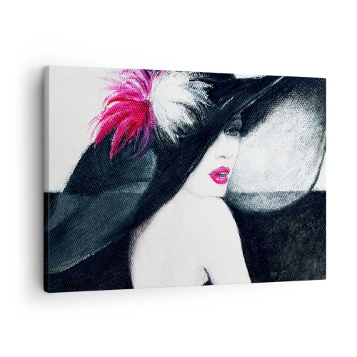 Quadro em tela - Mulher estilosa com chapéu de penas - 70x50cm - Sempre misteriosa - Decoração de parede moderna para a sala de estar e quarto ARTTOR