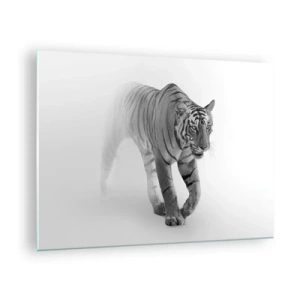Quadro em vidro - Um tigre caminhando pela névoa, com um sutil desfoque no fundo - 70x50cm - À espreita na névoa - Decoração de parede moderna para a sala de estar e quarto ARTTOR