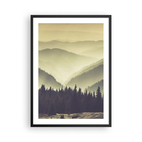 Pôster com moldura preta - Panorama nebuloso de montanhas com floresta - 50x70cm - Atrás das sete montanhas... - Decoração de parede moderna para a sala de estar e quarto ARTTOR
