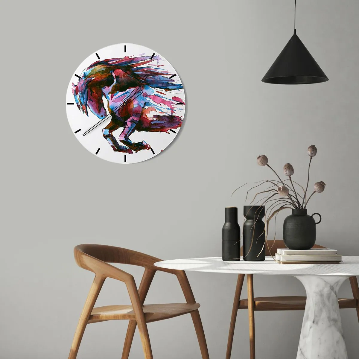Relógio de parede - Relógio em vidro - Um cavalo dinâmico em cores aquarela com uma crina esvoaçante - 30x30cm - Em êxtase - Decoração de parede moderna para a sala de estar, cozinha e quarto ARTTOR