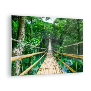 Quadro em vidro - Uma ponte suspensa de bambu entre vegetação tropical sobre um rio - 70x50cm - Ponte de macacos sobre a vegetação - Decoração de parede moderna para a sala de estar e quarto ARTTOR